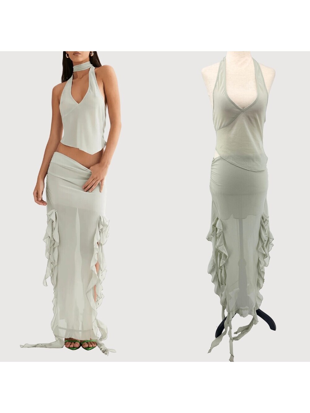 Lioness Rendezvous Sheer Halter Maxi Skirt Set Sage XS